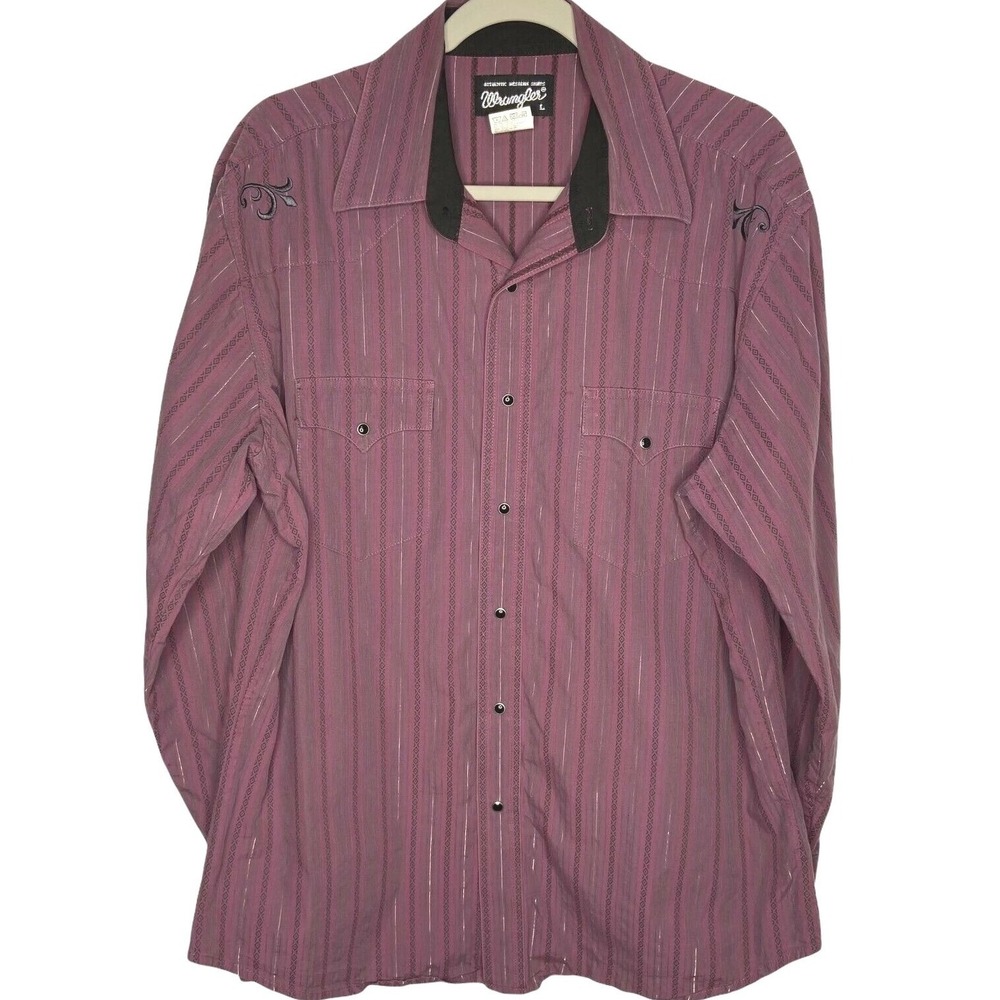 Wrangler Authentic Western Shirt Mens L Purple Maroon Striped Pearl Snap Pockets